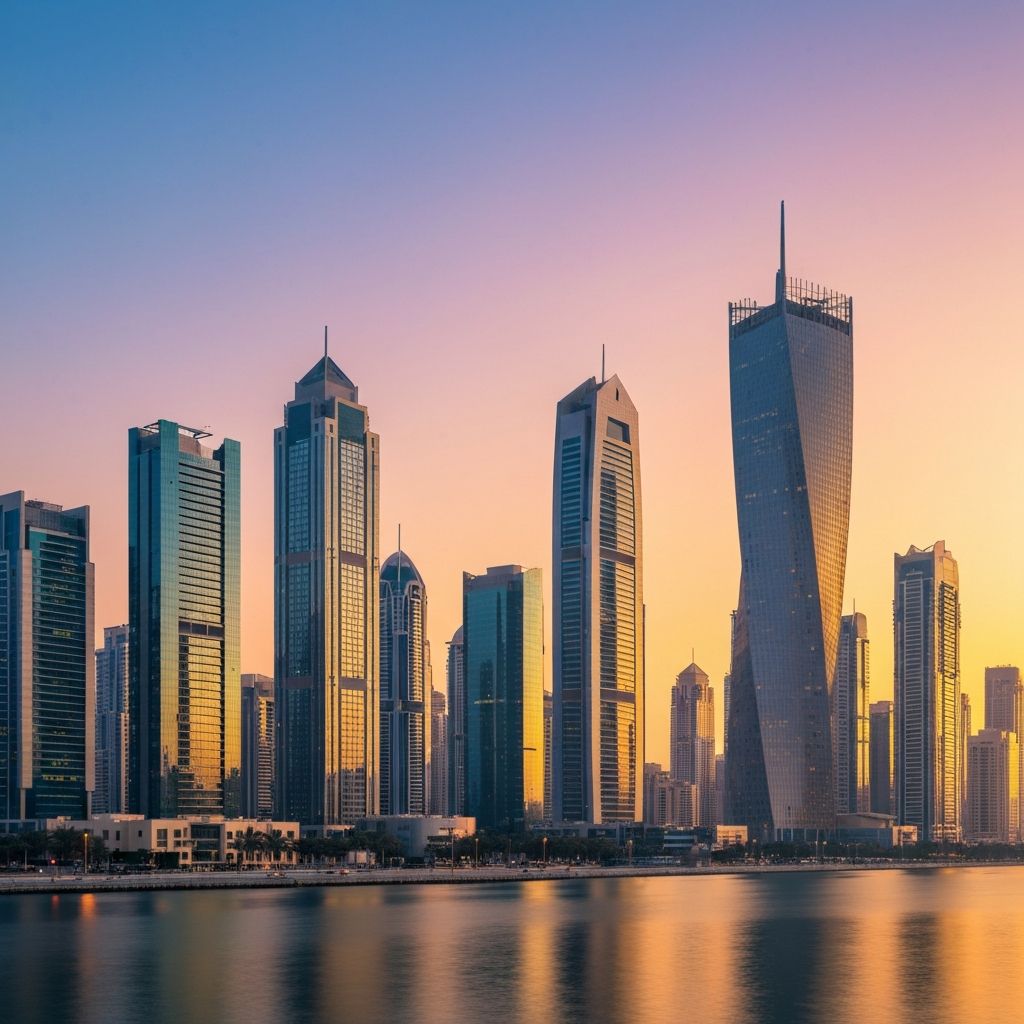 Dubai Business Bay corporate district skyline at dusk